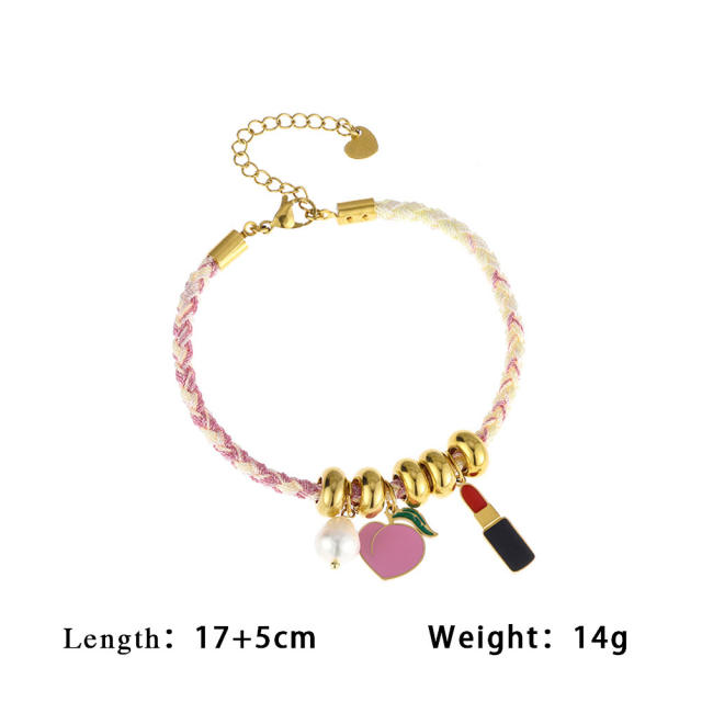 Summer sweet enamel fruit charm braid rope necklace bracelet set
