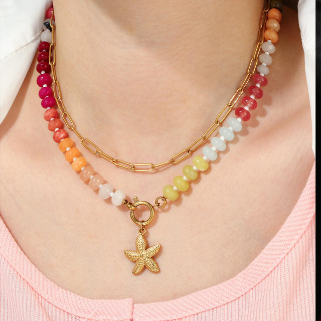 New Bohemian Natural Stone Beaded Necklace Stainless Steel Love Flower Pendant necklace