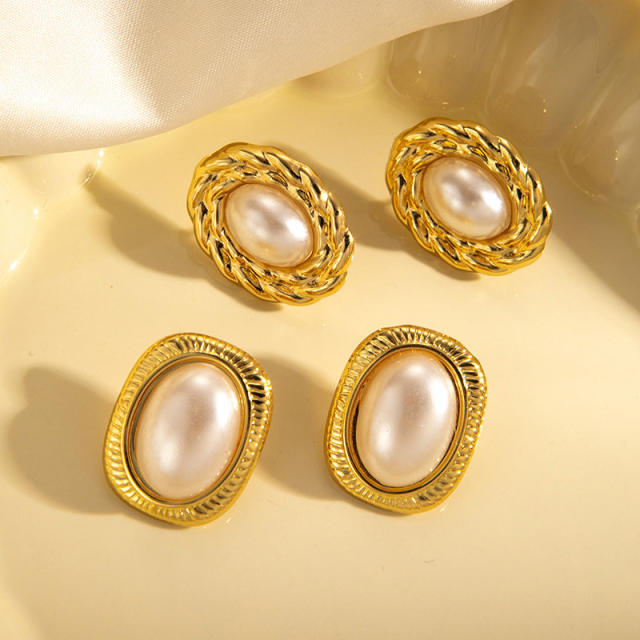 18KG vintage big pearl stainless steel earrings
