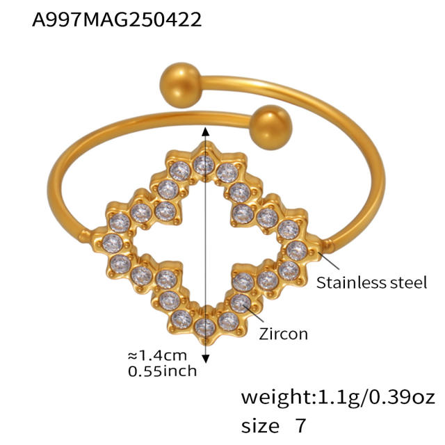 5A cubic zircon inlaid heart clover stainless steel rings adjustable rings