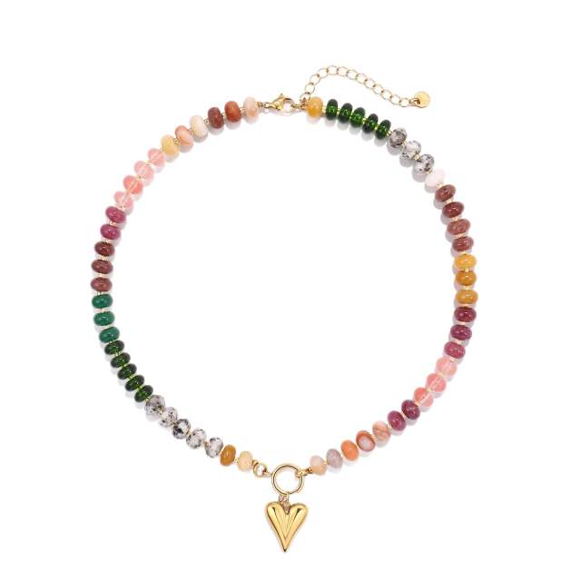 New Bohemian Natural Stone Beaded Necklace Stainless Steel Love Flower Pendant necklace