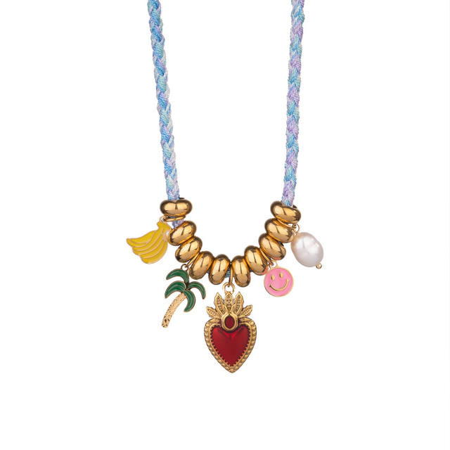 Summer sweet enamel fruit charm braid rope necklace bracelet set