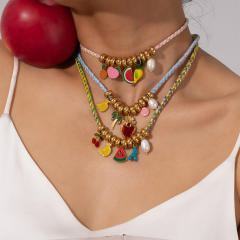 Summer sweet enamel fruit charm braid rope necklace bracelet set