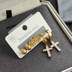 Korean fashion diamond cross hollow rose flower stainless steel earrings set