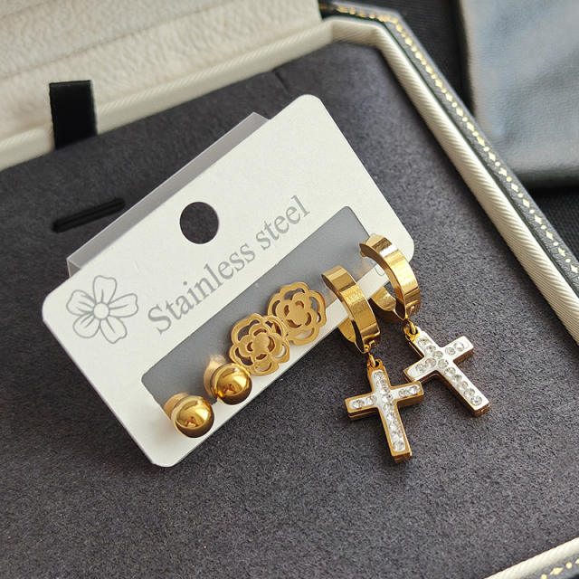 Korean fashion diamond cross hollow rose flower stainless steel earrings set