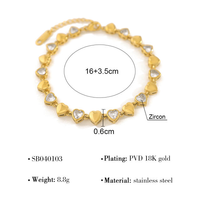 Stainless steel Tennis Chain Bracelet 18K Gold Love Heart-shaped Zircon Bracelet for Women