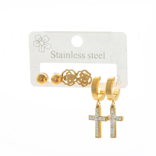 Korean fashion diamond cross hollow rose flower stainless steel earrings set