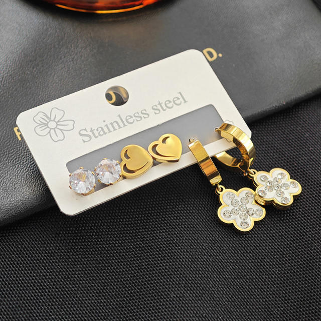 Concise diamond five petal flower heart stainless steel earrings set