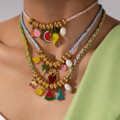 Summer sweet enamel fruit charm braid rope necklace bracelet set