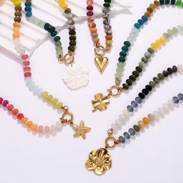 New Bohemian Natural Stone Beaded Necklace Stainless Steel Love Flower Pendant necklace