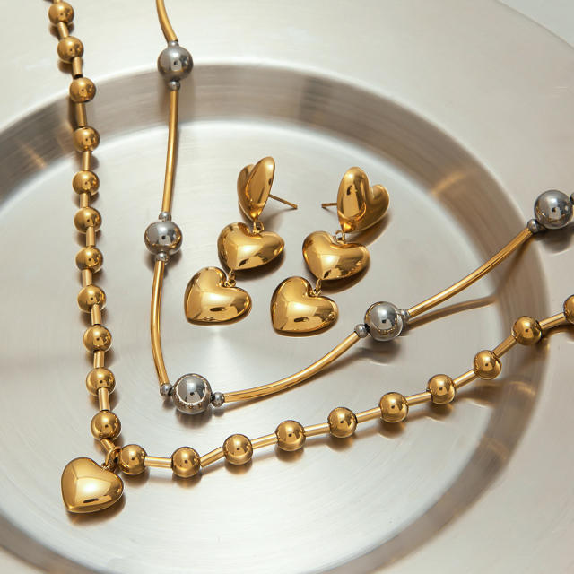 Heart design mix color bead chain stainless steel necklace earrings set