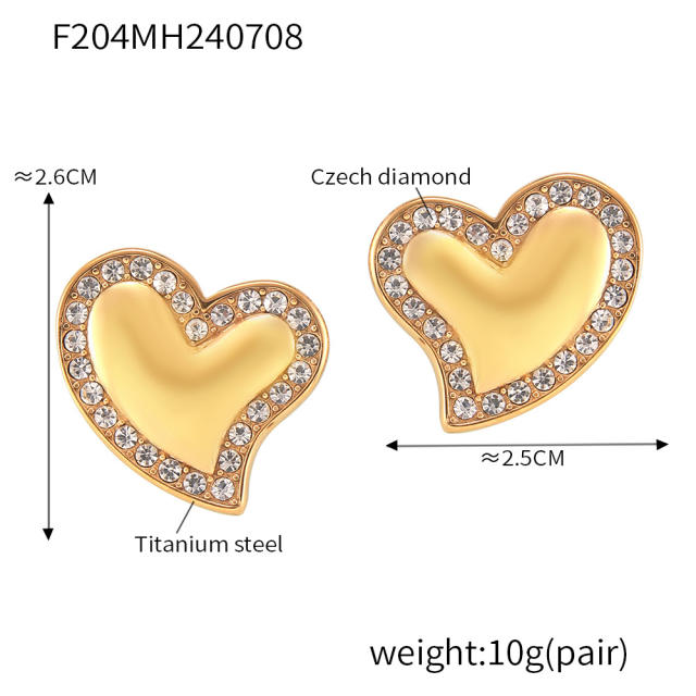 5A cubic zircon colorful heart stainless steel studs earrings