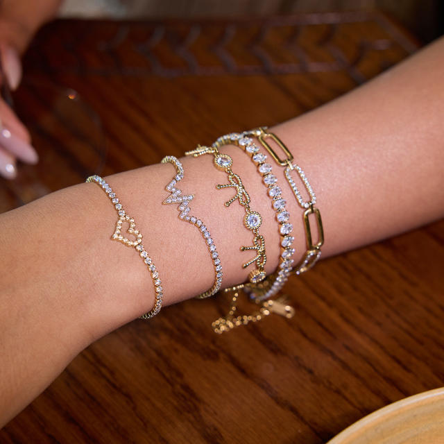 Luxury full diamond heart hearbeat stainless steel bracelet
