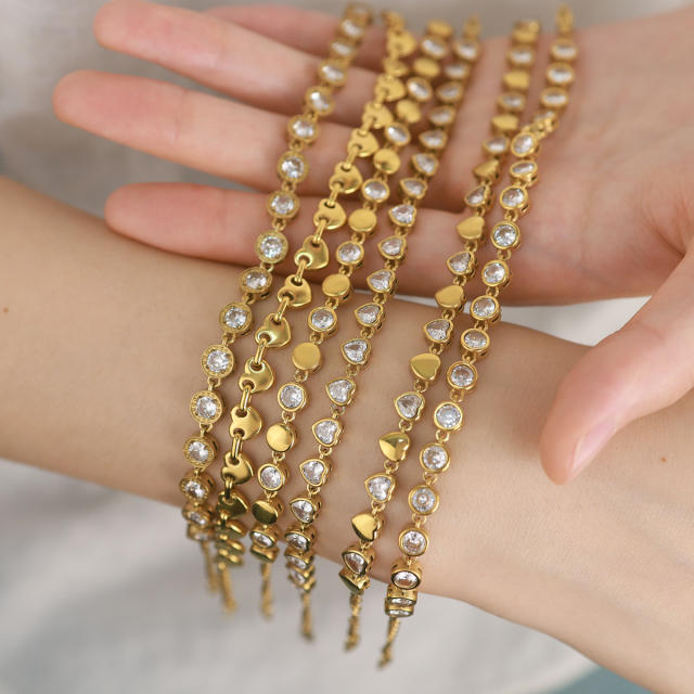 Stainless steel Tennis Chain Bracelet 18K Gold Love Heart-shaped Zircon Bracelet for Women