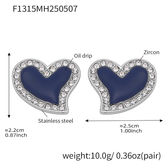 5A cubic zircon colorful heart stainless steel studs earrings
