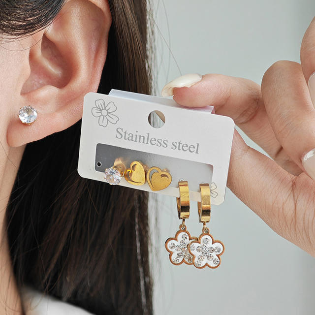 Concise diamond five petal flower heart stainless steel earrings set
