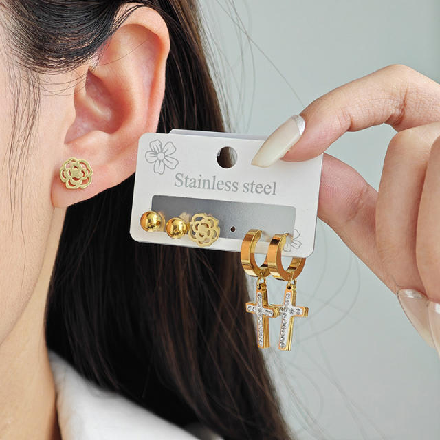 Korean fashion diamond cross hollow rose flower stainless steel earrings set