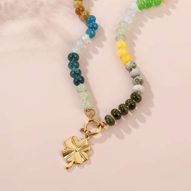 New Bohemian Natural Stone Beaded Necklace Stainless Steel Love Flower Pendant necklace