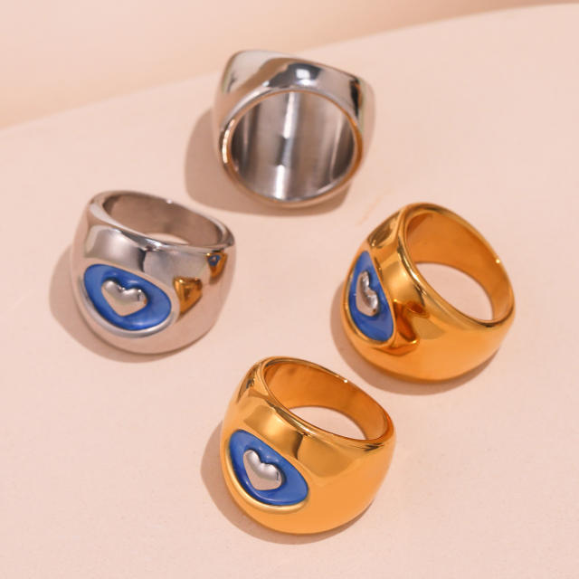 24K gold plated blue enamel heart chunky rings stainless steel rings