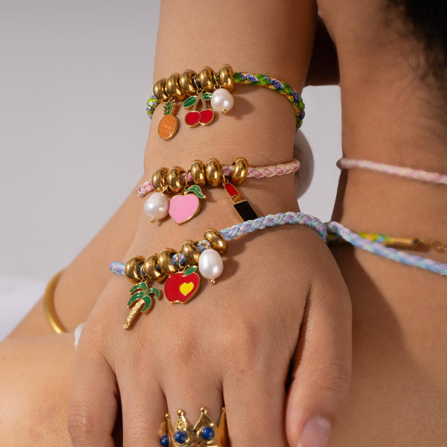 Summer sweet enamel fruit charm braid rope necklace bracelet set