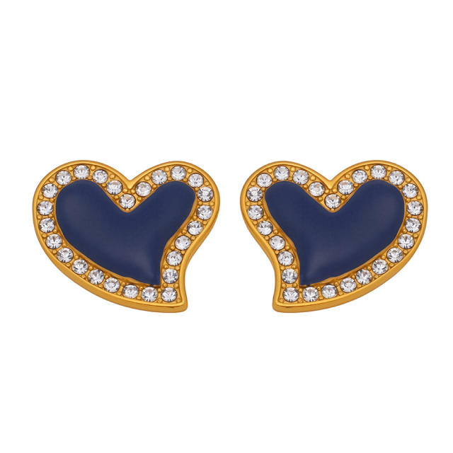 5A cubic zircon colorful heart stainless steel studs earrings