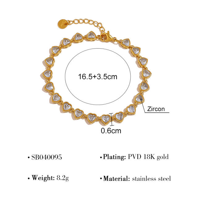 Stainless steel Tennis Chain Bracelet 18K Gold Love Heart-shaped Zircon Bracelet for Women