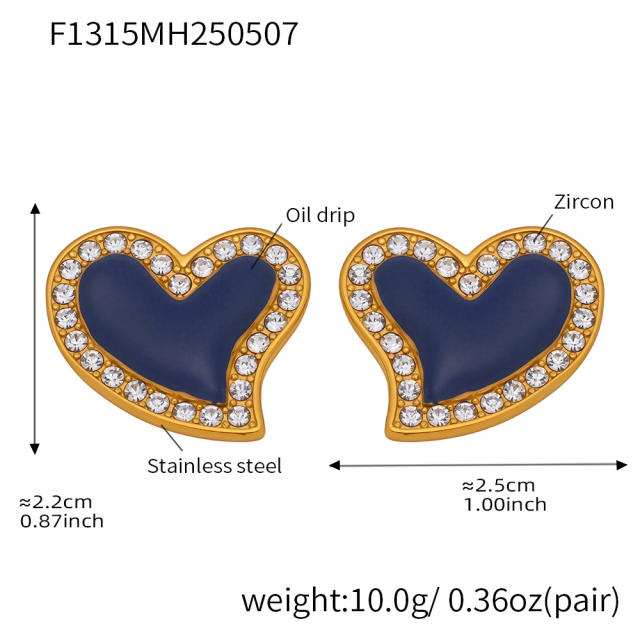 5A cubic zircon colorful heart stainless steel studs earrings