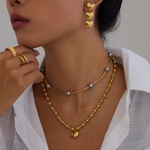 Heart design mix color bead chain stainless steel necklace earrings set