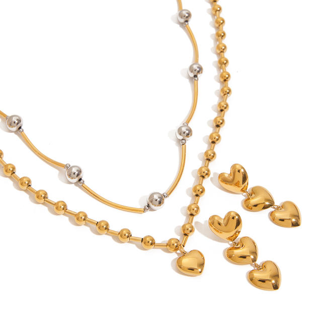 Heart design mix color bead chain stainless steel necklace earrings set