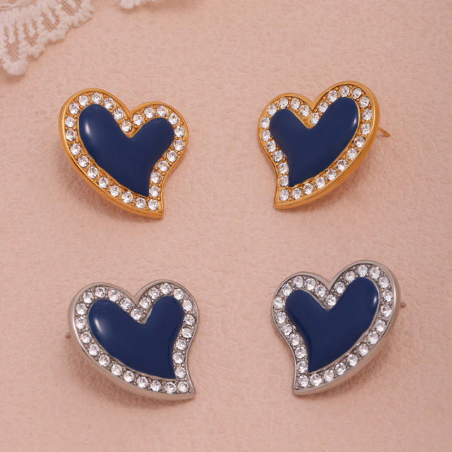 5A cubic zircon colorful heart stainless steel studs earrings