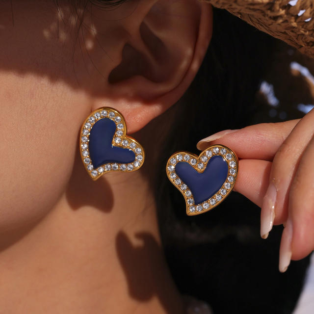 5A cubic zircon colorful heart stainless steel studs earrings