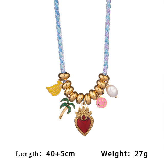Summer sweet enamel fruit charm braid rope necklace bracelet set