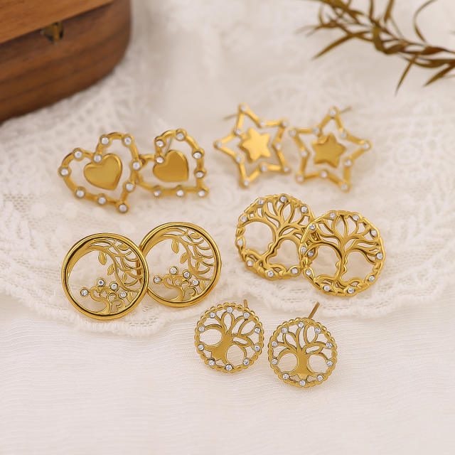 Sweet diamond star life tree heart hollow design stainless steel earrings
