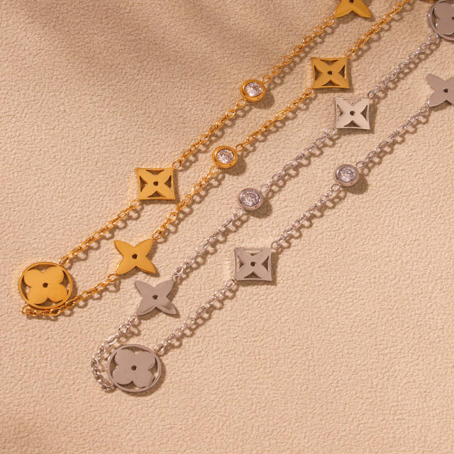 5A cubic zircon diamond necklace hollow clover chain necklace stainless steel necklace