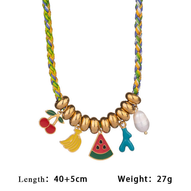 Summer sweet enamel fruit charm braid rope necklace bracelet set