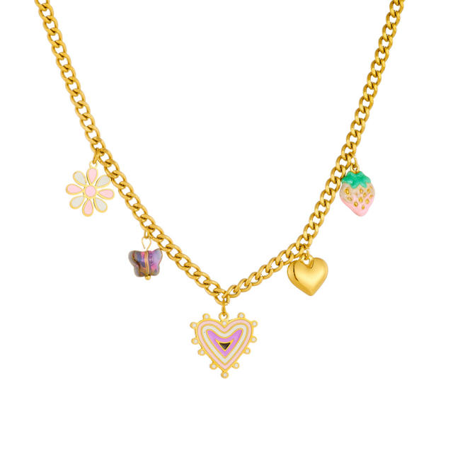 Sweet enamel heart strawberry heart charm necklace stainless steel necklace