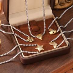 Two tone tennis chain star clover heart butterfly stainless steel necklace