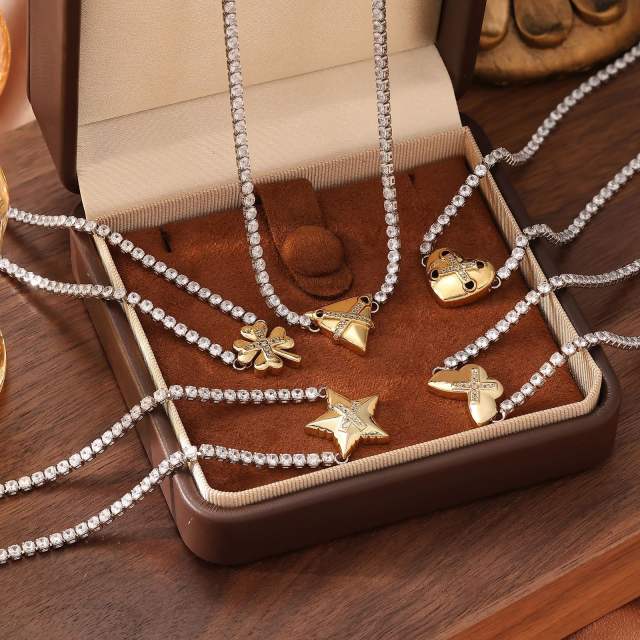 Two tone tennis chain star clover heart butterfly stainless steel necklace