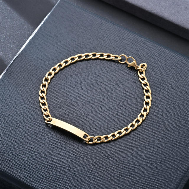 Stainless steel bracelet figaro chain engrave bar chain bracelet for men women