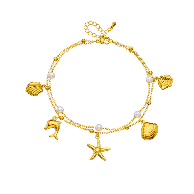 Beach vacation ocean wind shell starfish tropical fish pendant stacked chain stainless steel anklet women