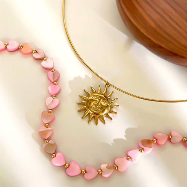 Pink shell heart choker stainless steel necklace with sun pendant
