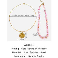 Pink shell heart choker stainless steel necklace with sun pendant