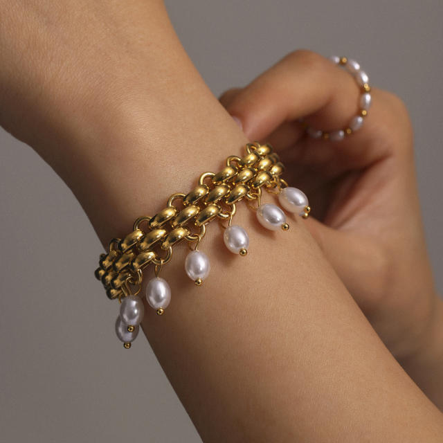Pearl Beads Tassel Necklace Bracelet Thick Exaggerated Heavy Industry Stainless Steel Jewelry for Women