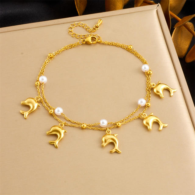 Beach vacation ocean wind shell starfish tropical fish pendant stacked chain stainless steel anklet women