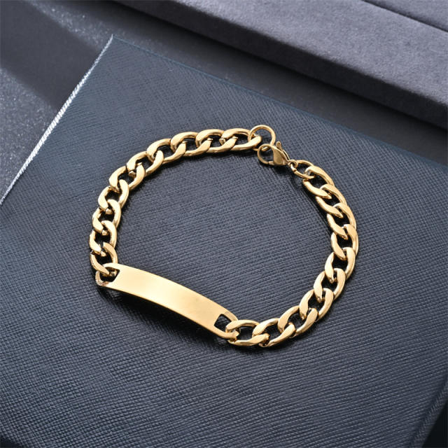 Stainless steel bracelet figaro chain engrave bar chain bracelet for men women