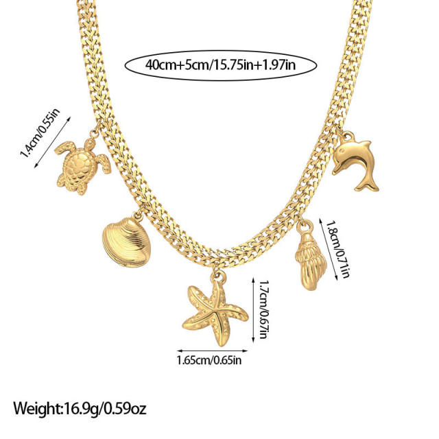 Gold color clover ocean series charm stainless steel necklace