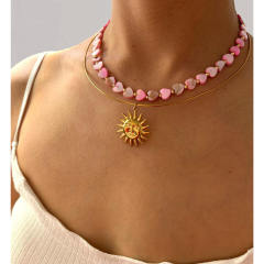 Pink shell heart choker stainless steel necklace with sun pendant