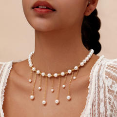 Elegant pearl bead tassel stainless steel necklace choker