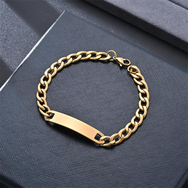 Stainless steel bracelet figaro chain engrave bar chain bracelet for men women