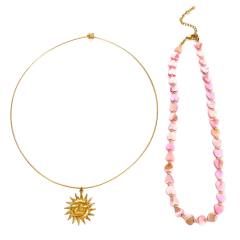 Pink shell heart choker stainless steel necklace with sun pendant